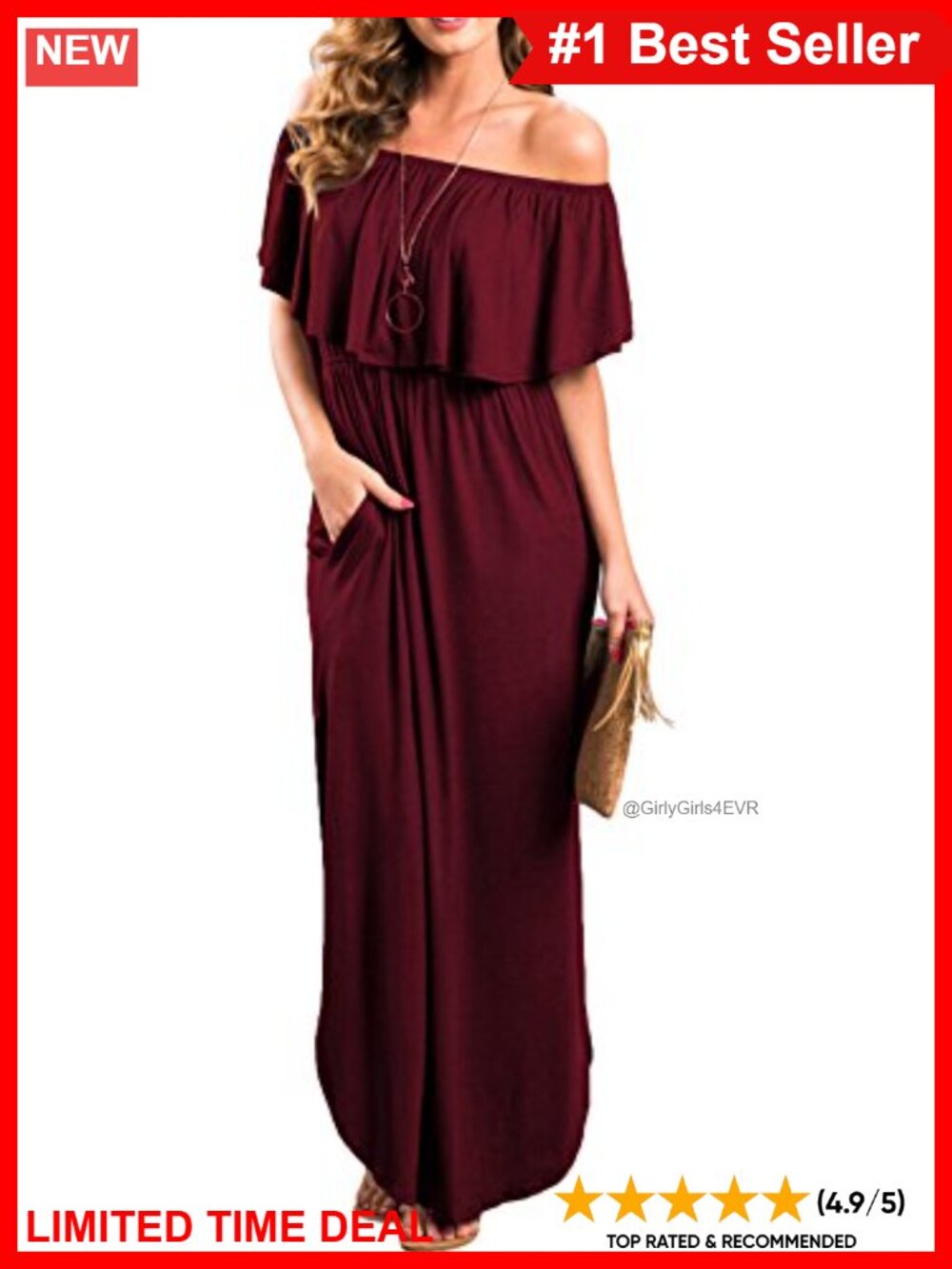 Off Shoulder Ruffle Maxi Dress Side Slit Pockets Beach Casual